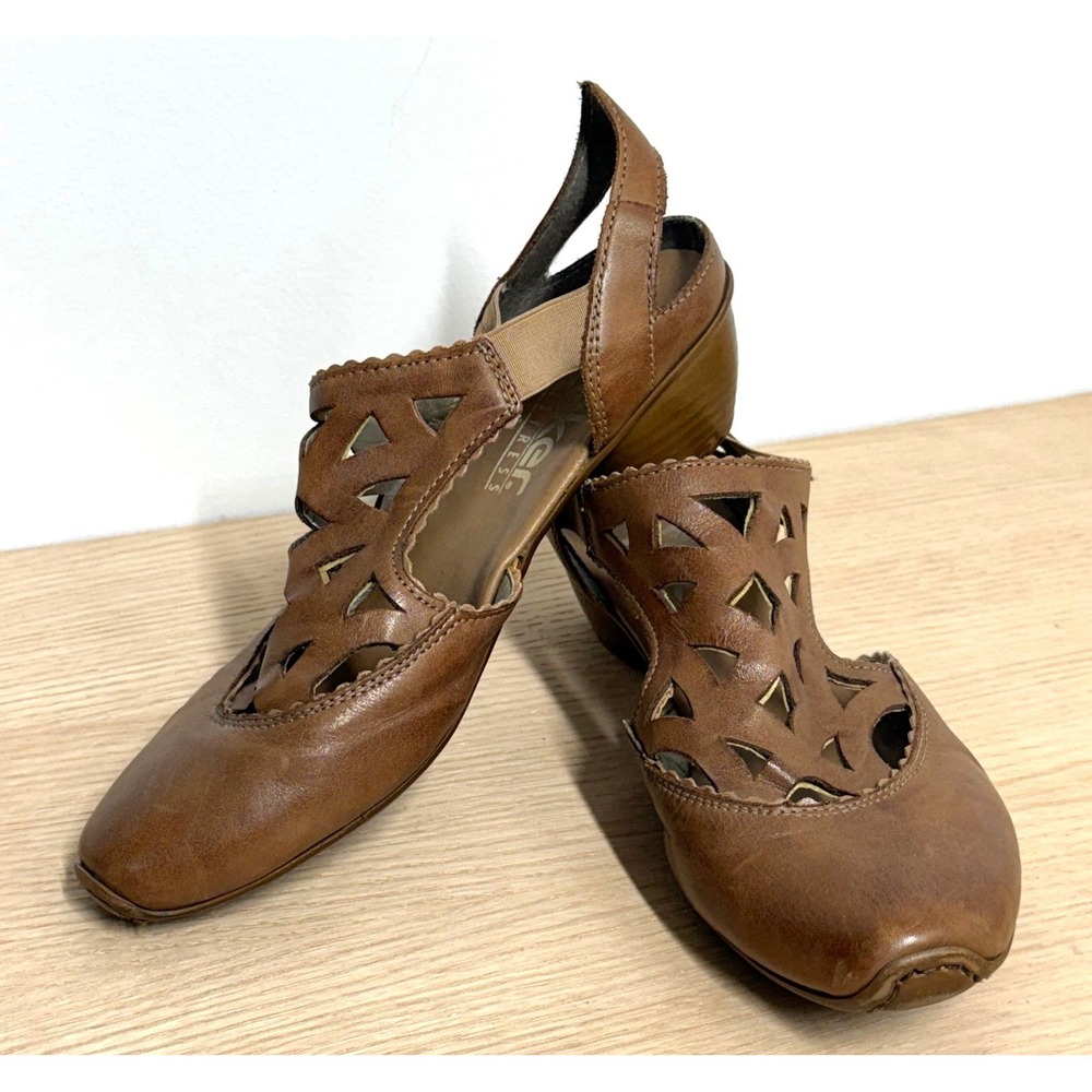 Rieker Antistress Brown Leather Cutout Slingback Wedge Heels Women Size 38‎